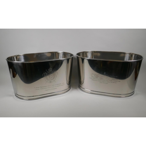 233 - A pair of plated metal Champagne coolers, engraved with quotes from Lily Bollinger and Napoleon Bona... 