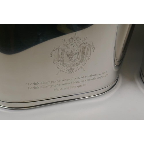 233 - A pair of plated metal Champagne coolers, engraved with quotes from Lily Bollinger and Napoleon Bona... 