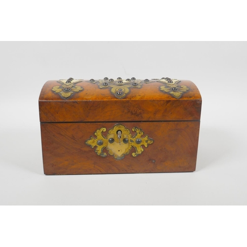 24 - A C19th brass mounted walnut twin section tea caddy, 20 x 11cm, 12cm high