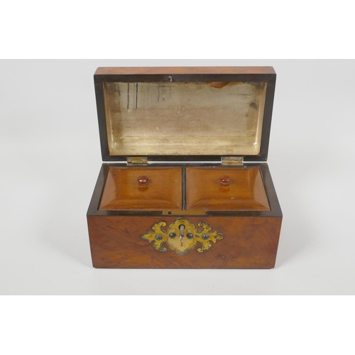 24 - A C19th brass mounted walnut twin section tea caddy, 20 x 11cm, 12cm high