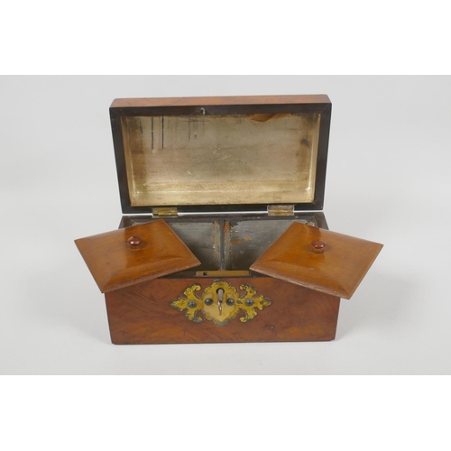 24 - A C19th brass mounted walnut twin section tea caddy, 20 x 11cm, 12cm high