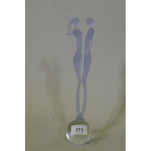 273 - Murano etched glass figure of a couple in an embrace, unsigned, 29cm high