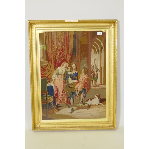 275 - A Victorian tapestry depicting King Charles I with his son, in a gilt frame, frame 72 x 94cm