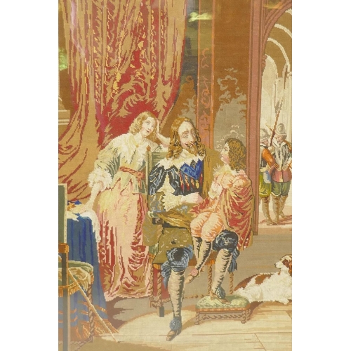 275 - A Victorian tapestry depicting King Charles I with his son, in a gilt frame, frame 72 x 94cm