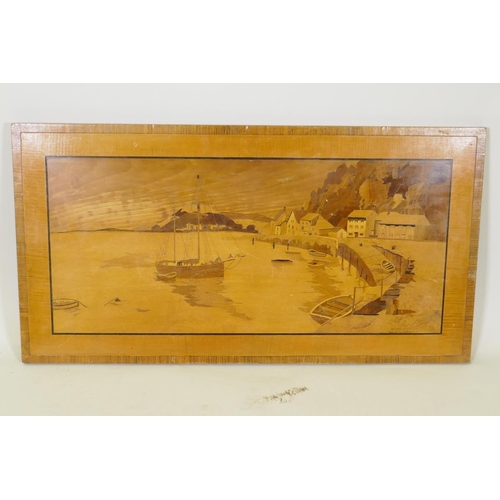 277 - A marquetry inlaid wood panel depicting a harbour scene with distant mountains, 101 x 54cm