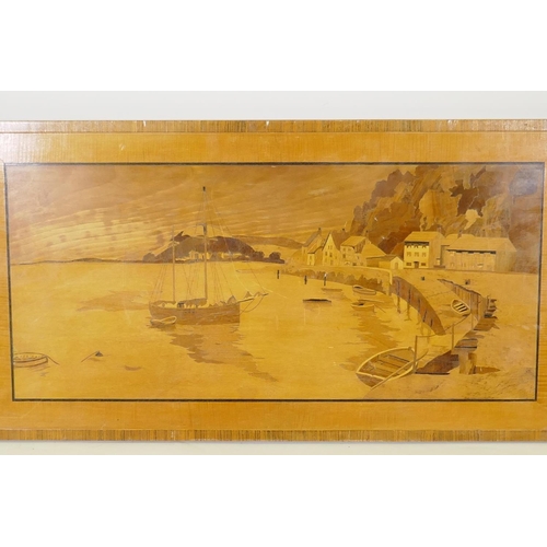 277 - A marquetry inlaid wood panel depicting a harbour scene with distant mountains, 101 x 54cm