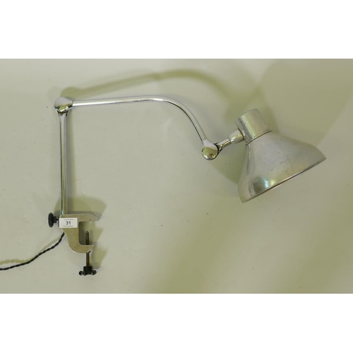 31 - A vintage adjustable chrome and aluminium bench light with clamp fitting, 35 x 58cm