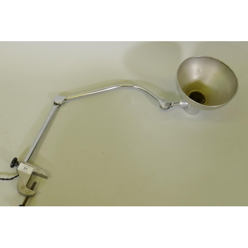 31 - A vintage adjustable chrome and aluminium bench light with clamp fitting, 35 x 58cm