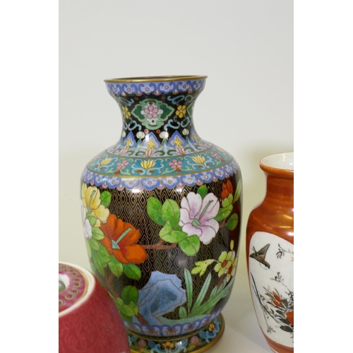 35 - A Chinese crackle glazed jar with deer's mask handles, 29cm high, other oriental porcelain and a clo... 