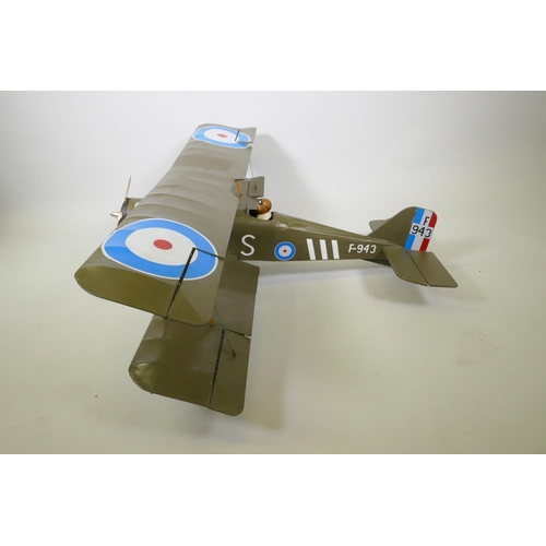 40 - A scale model bi-plane of a British Royal Flying Corps S.E. 5A fighter aircraft, F-943, lacks engine... 