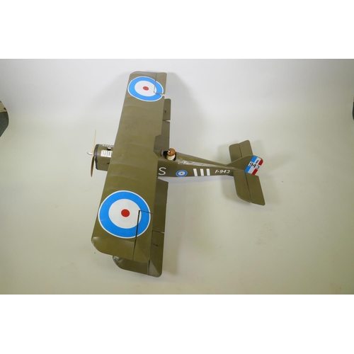 40 - A scale model bi-plane of a British Royal Flying Corps S.E. 5A fighter aircraft, F-943, lacks engine... 