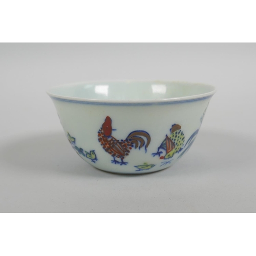 43 - A Chinese doucai porcelain tea bowl with chicken decoration, Chenghua 6 character mark to base, 8cm ... 