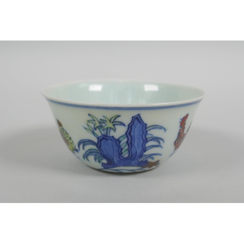 43 - A Chinese doucai porcelain tea bowl with chicken decoration, Chenghua 6 character mark to base, 8cm ... 