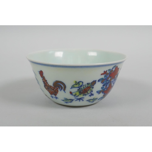 43 - A Chinese doucai porcelain tea bowl with chicken decoration, Chenghua 6 character mark to base, 8cm ... 