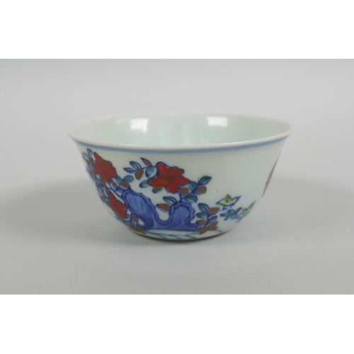 43 - A Chinese doucai porcelain tea bowl with chicken decoration, Chenghua 6 character mark to base, 8cm ... 