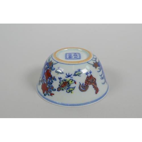 43 - A Chinese doucai porcelain tea bowl with chicken decoration, Chenghua 6 character mark to base, 8cm ... 