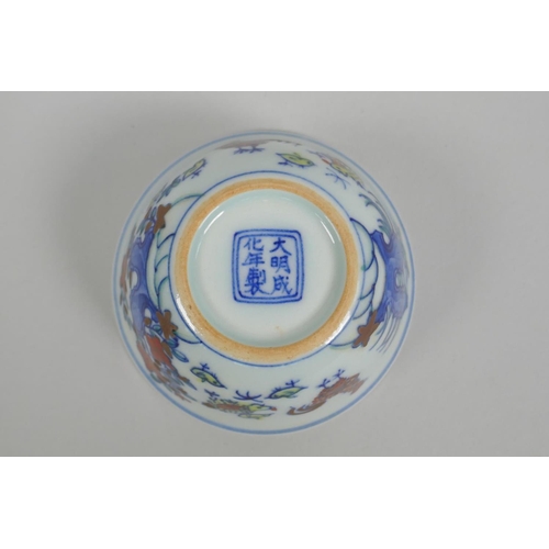 43 - A Chinese doucai porcelain tea bowl with chicken decoration, Chenghua 6 character mark to base, 8cm ... 