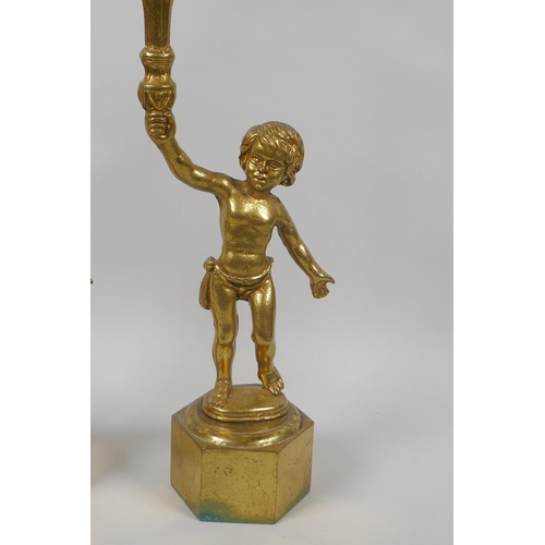 44 - A pair of gilt brass putti lamp bases, 38cm high