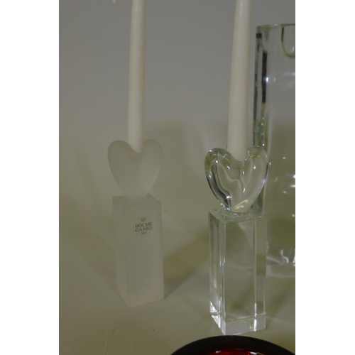 47 - A pair of Finnish Iittala glass candlesticks, 22cm high, a paperweight, two Marimekko glass nightlig... 