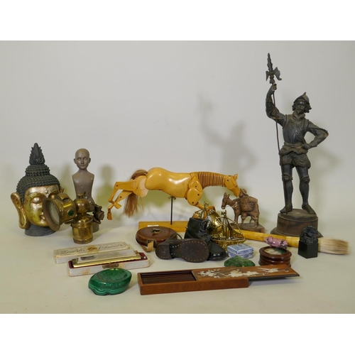 49 - Mixed lot, Miller Regalite brass acetylene carriage lamp, John Rabone and Sons, leather cased measur... 