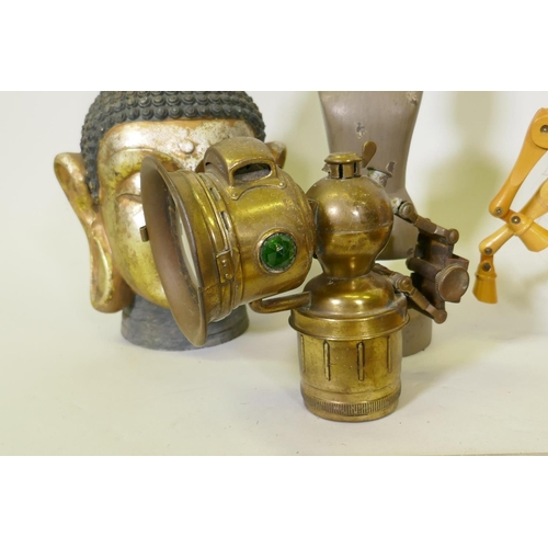 49 - Mixed lot, Miller Regalite brass acetylene carriage lamp, John Rabone and Sons, leather cased measur... 