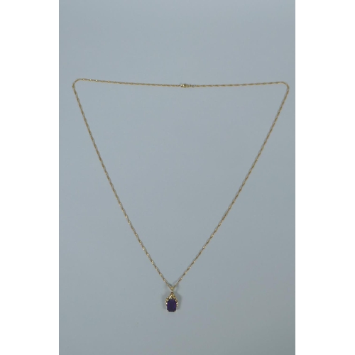 601 - An Italian 14ct gold and amethyst? pendant necklace, chain 5.2g, 81cm long, pendant 4.4g gross