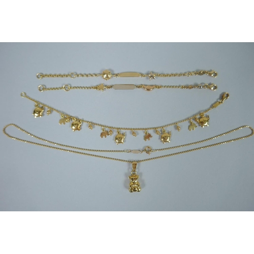 602 - Three Italian 18ct gold christening/communion bracelets and a similar 18ct gold necklace, 20.1g tota... 