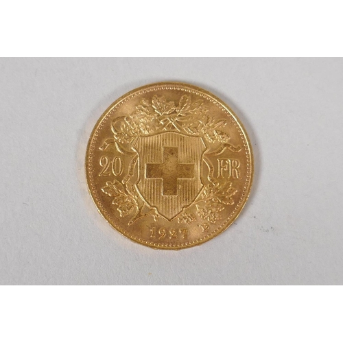 603 - A 20 Swiss Franc gold coin, 1927, 6.46g