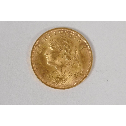 603 - A 20 Swiss Franc gold coin, 1927, 6.46g