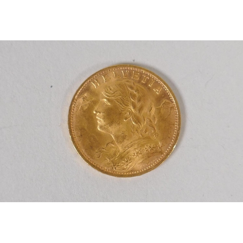 604 - A 20 Swiss Franc gold coin, 1927, 6.46g