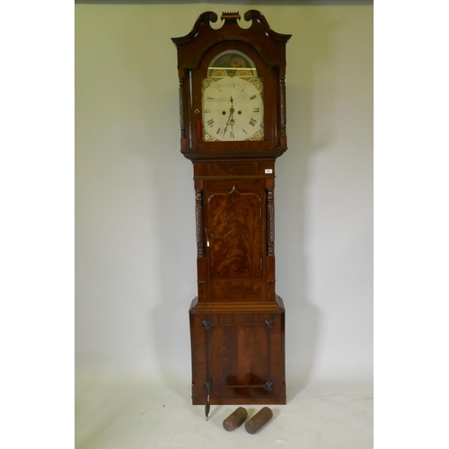 606 - A C19th North Country 8 day flame mahogany long case clock with arched hood and swan pediment and tw... 