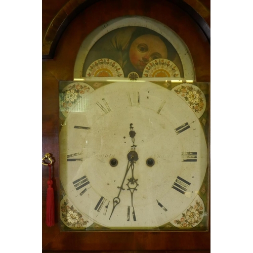 606 - A C19th North Country 8 day flame mahogany long case clock with arched hood and swan pediment and tw... 