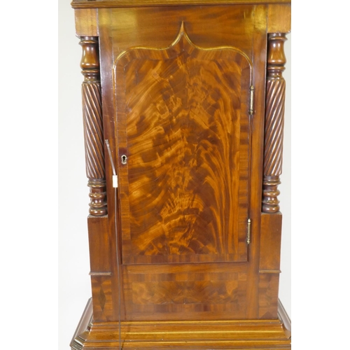 606 - A C19th North Country 8 day flame mahogany long case clock with arched hood and swan pediment and tw... 