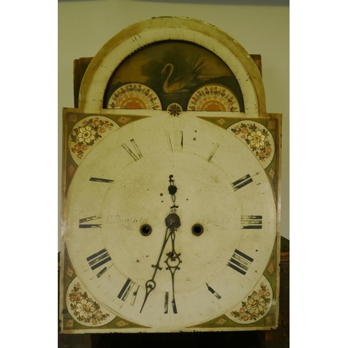 606 - A C19th North Country 8 day flame mahogany long case clock with arched hood and swan pediment and tw... 