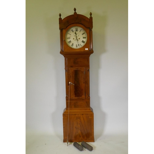 607 - Early C19th 8 day mahogany long case clock with arched hood and fluted columns, the painted dial wit... 