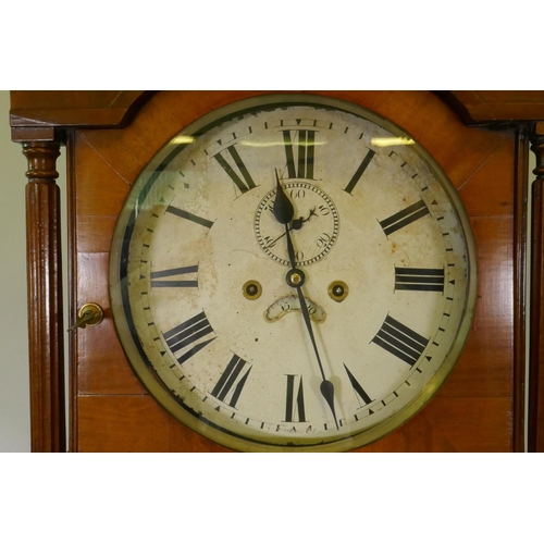 607 - Early C19th 8 day mahogany long case clock with arched hood and fluted columns, the painted dial wit... 