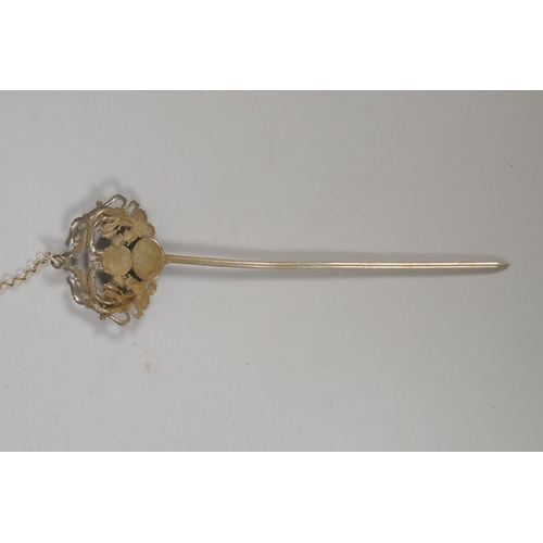 624 - A Chinese white metal hairpin with twin phoenix decoration and set with jade, 17cm