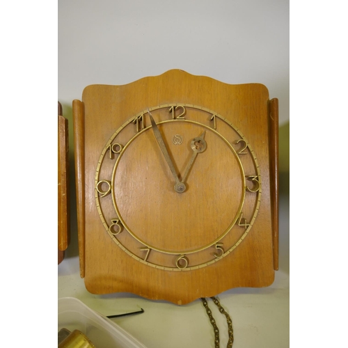 625 - Three Swedish and Swiss mid century wall clocks with wood dials and associated weights and pendulums... 