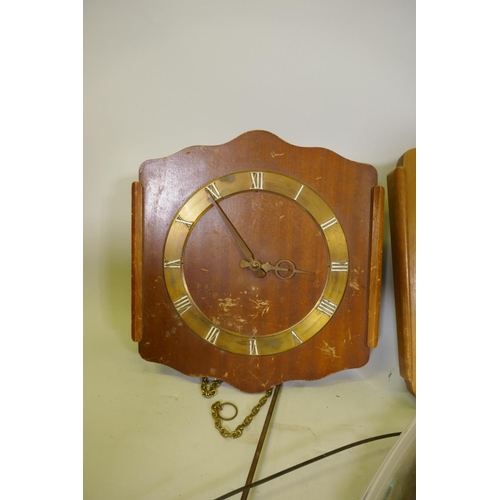 625 - Three Swedish and Swiss mid century wall clocks with wood dials and associated weights and pendulums... 