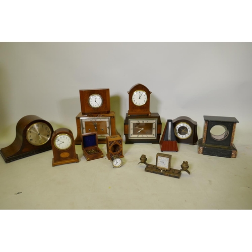 627 - A collection of early C20th mantel clocks for spares/restoration, Art Deco Benson clock, Enfield wal... 