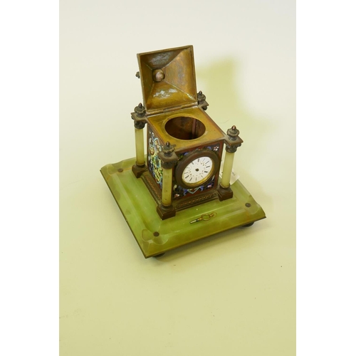 631 - A French champleve enamel inkwell, fitted with a clock and mounted on an alabaster base, 22cm high