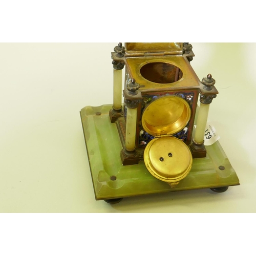 631 - A French champleve enamel inkwell, fitted with a clock and mounted on an alabaster base, 22cm high