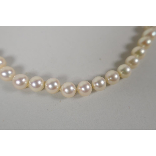 634 - A vintage pearl necklace with a 9ct gold bow shaped clasp, 42cm long