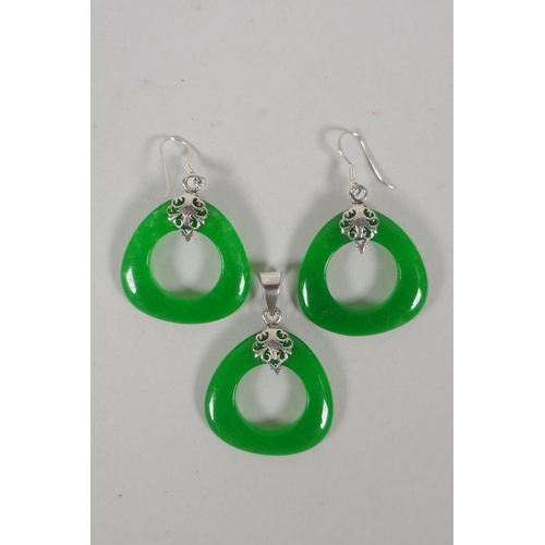 638 - A 925 silver and apple green hardstone matching pendant and earring set