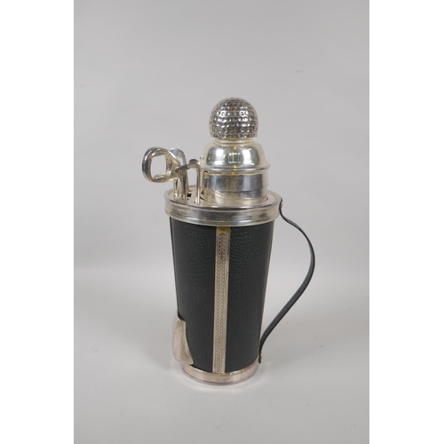 642 - A silver plated and faux snakeskin cocktail shaker set in the form of a golf caddy, 30cm high