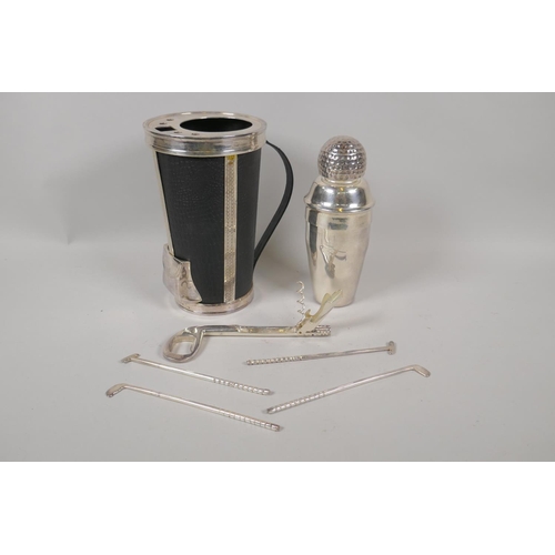 642 - A silver plated and faux snakeskin cocktail shaker set in the form of a golf caddy, 30cm high