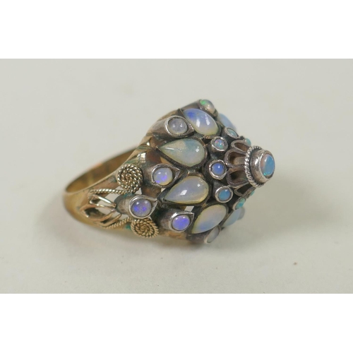 647 - A vintage 14ct gold opal set harem cluster ring, 4.8g gross, size N