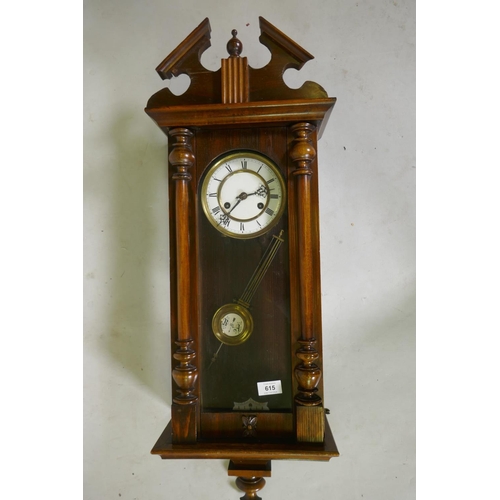 649 - A stained beechwood Vienna wall regulator clock with enamel dial and brass mounts, c.1900, 85cm high