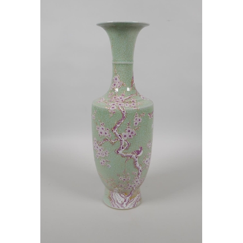 65 - A Chinese celadon crackle glazed porcelain vase with puce and gilt enamel decoration of birds and bu... 