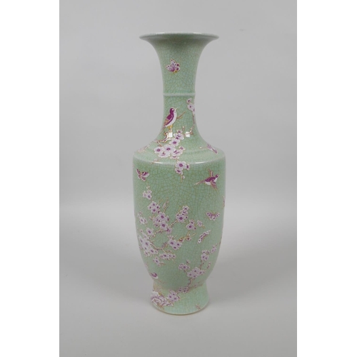 65 - A Chinese celadon crackle glazed porcelain vase with puce and gilt enamel decoration of birds and bu... 